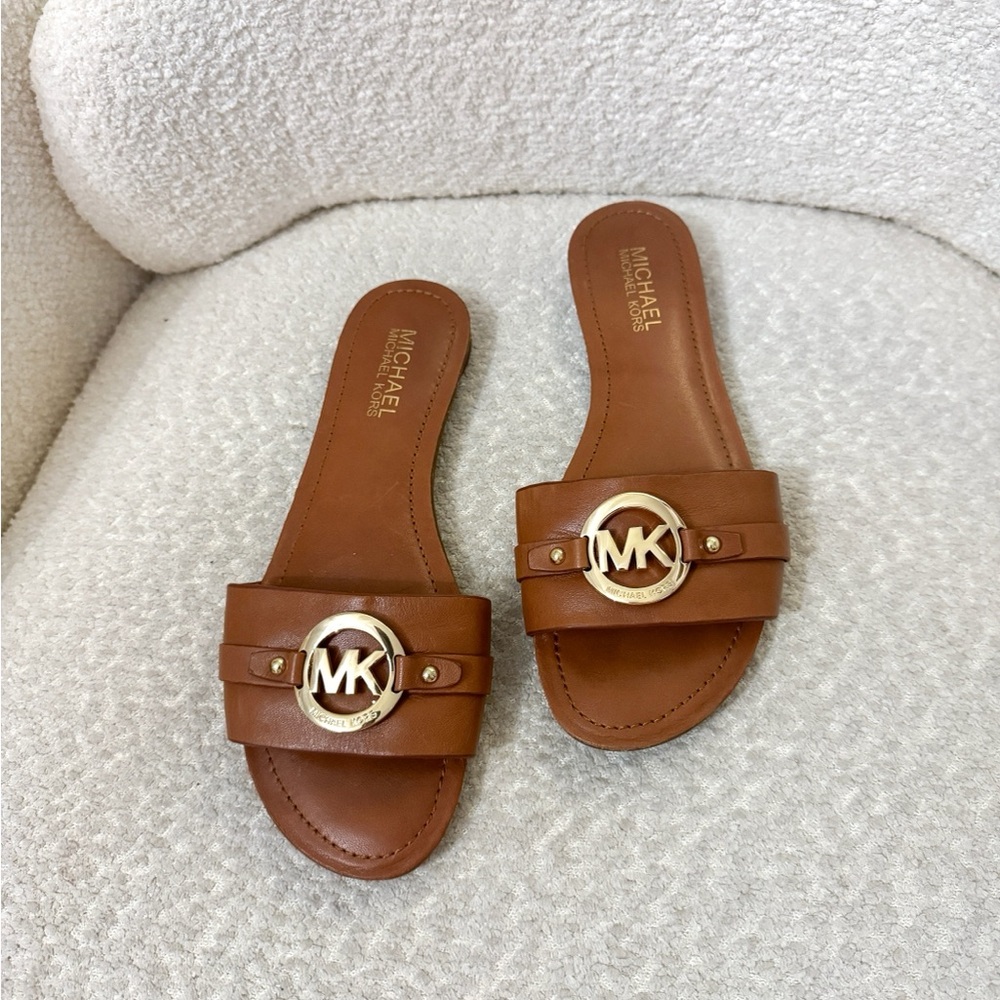Michael Kors brown chestnut gold logo initial sandal